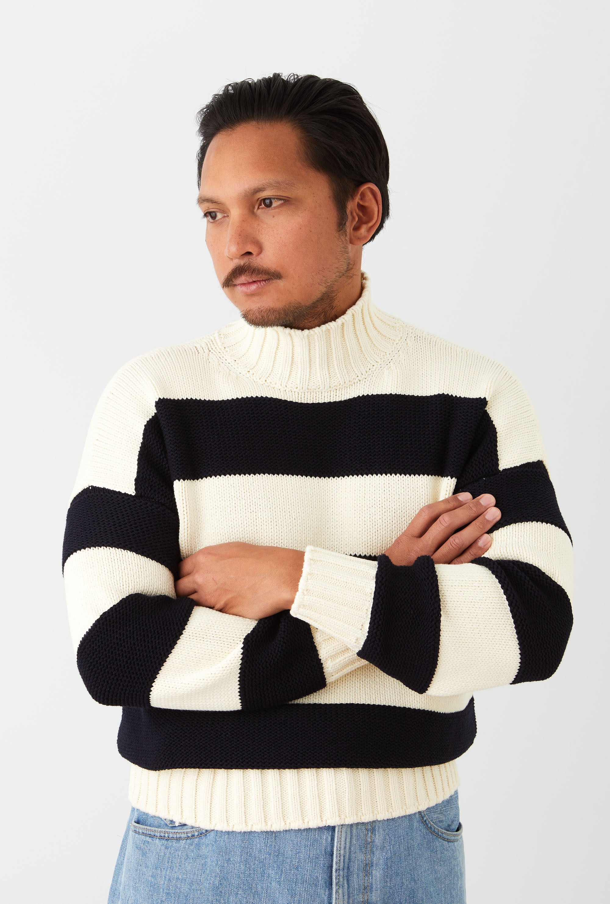 Mockneck Cotton Ecru Navy Stripe