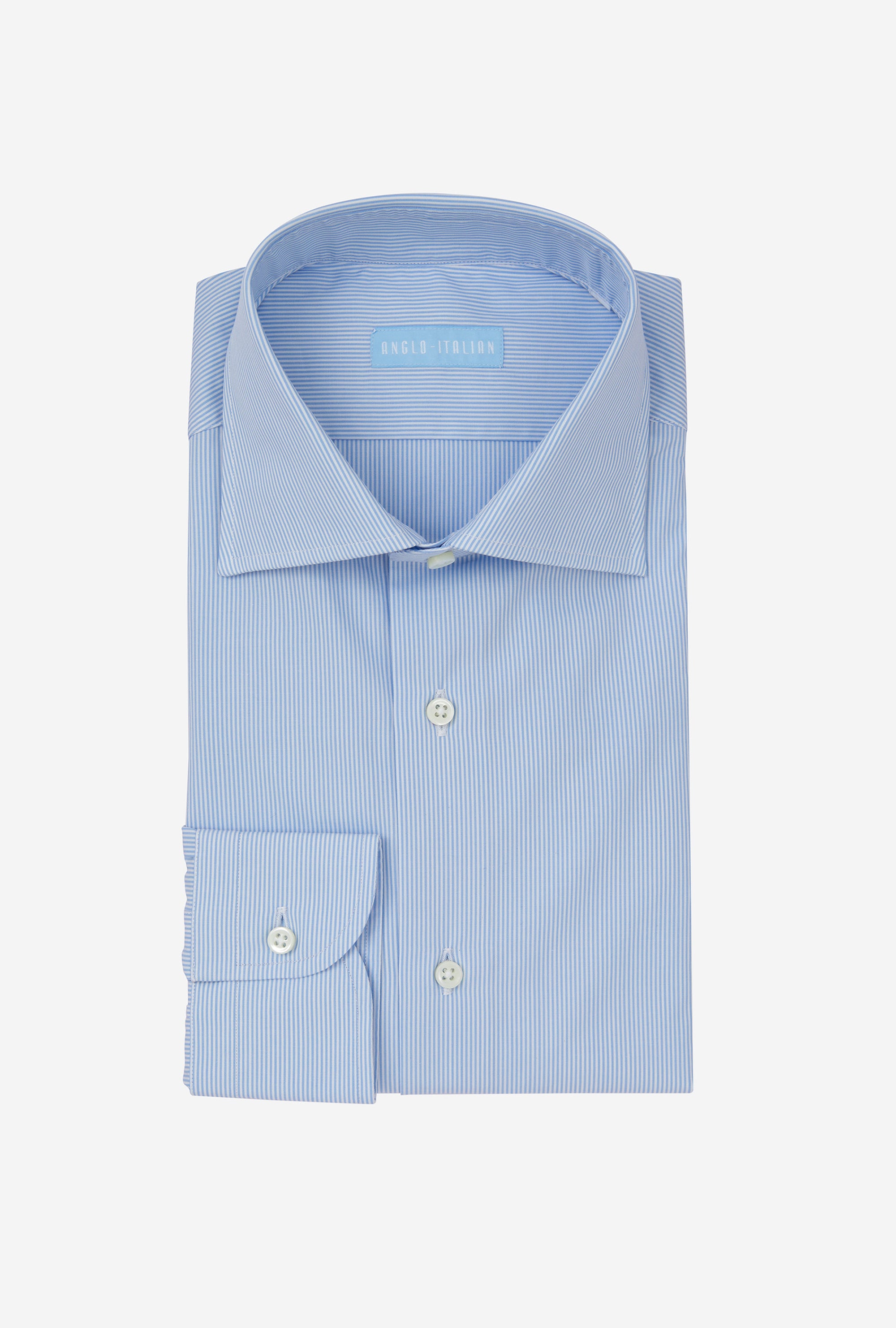 Spread Collar Shirt Cotton Poplin Micro Mid-Blue Bengal Stripe