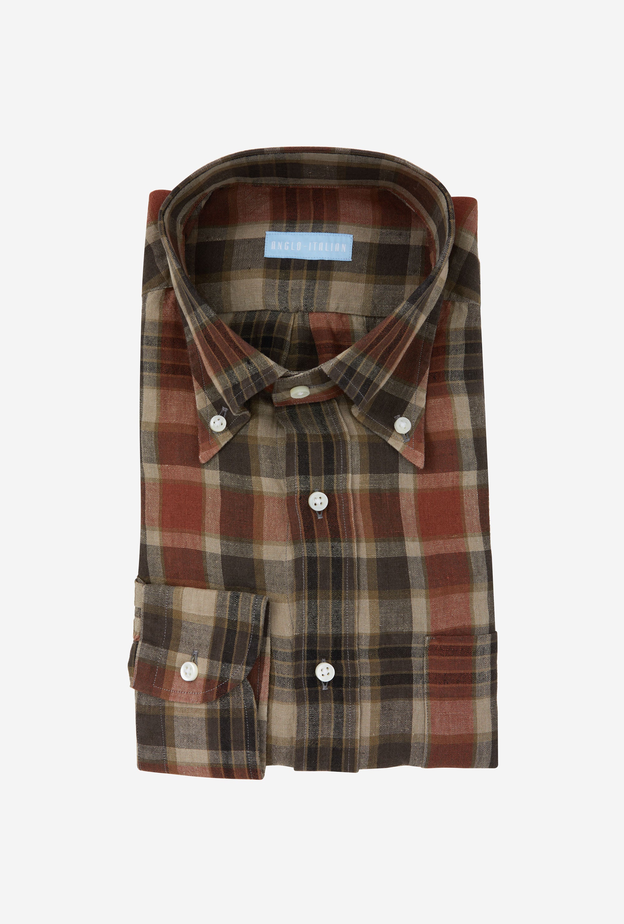 Button Down Linen Madras Shirt Rust Olive Sand Check