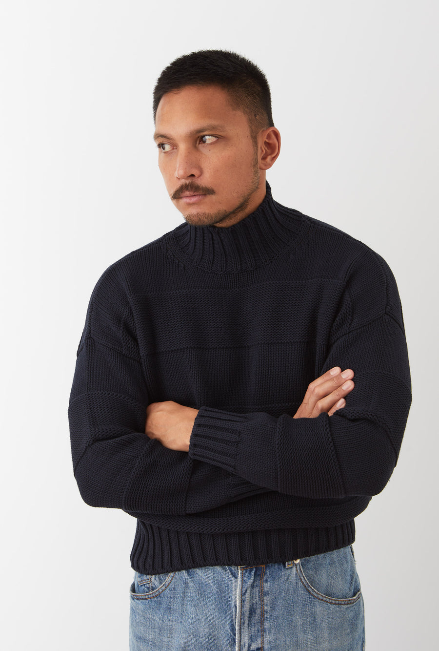 Mockneck Cotton Navy Stripe