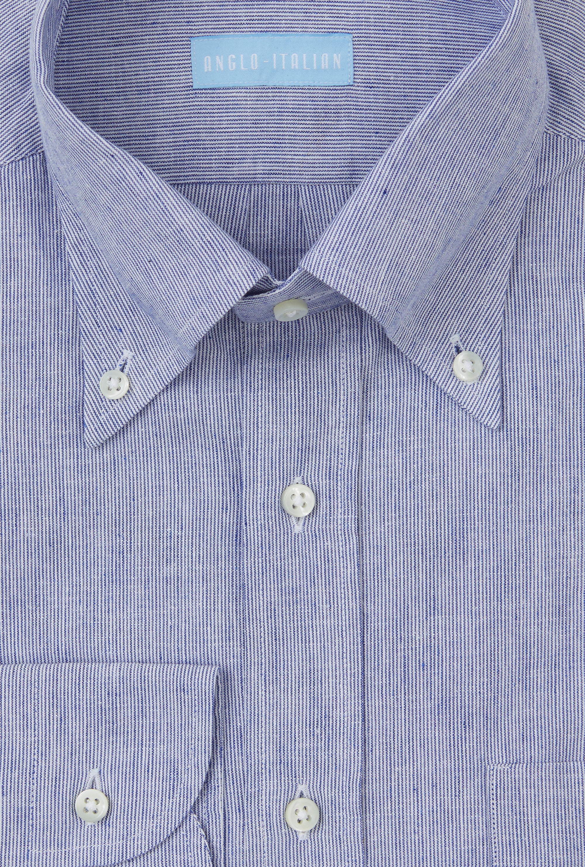 Button Down Sport Shirt Cotton-Linen Blue Hairstripe
