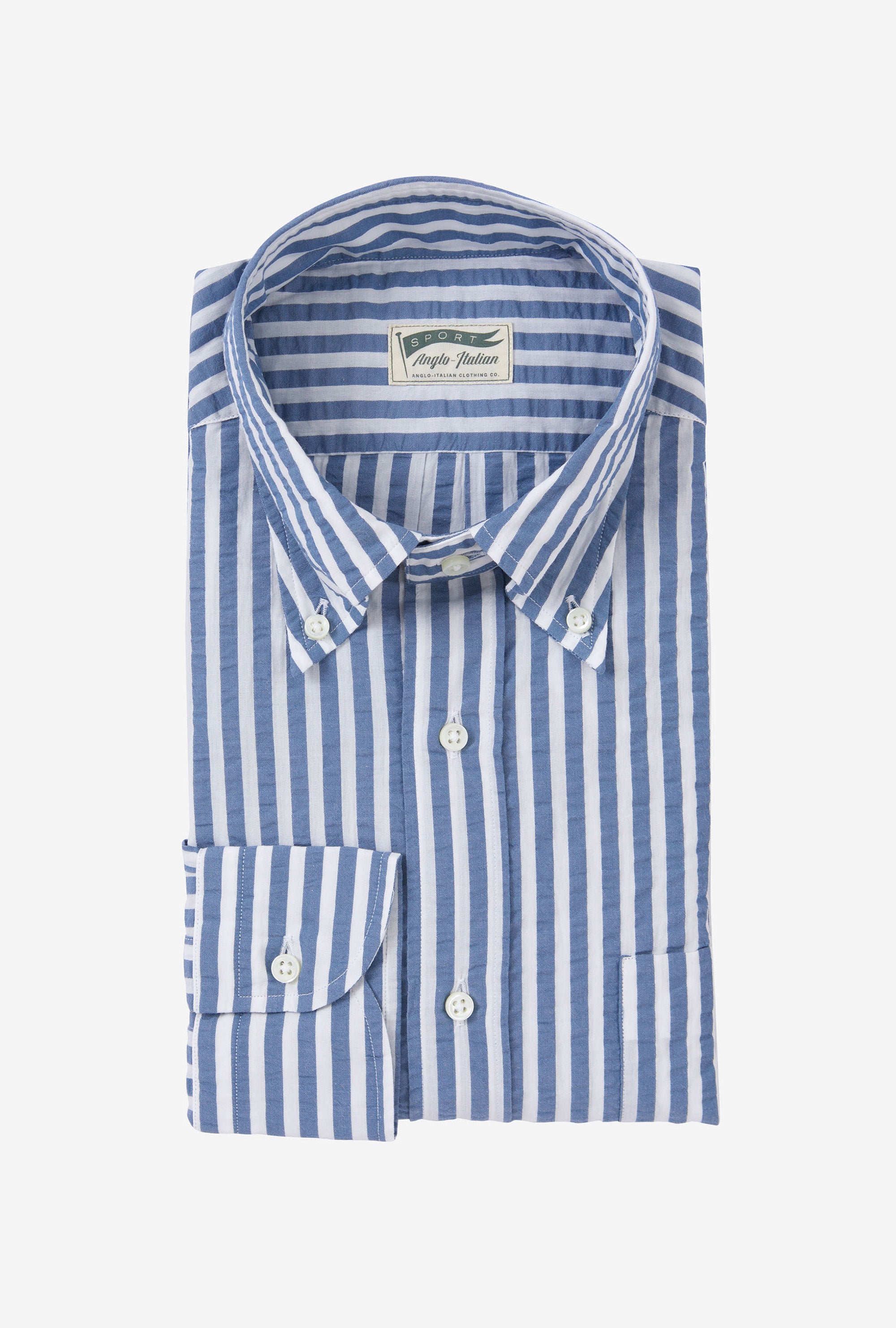 Button Down Sport Shirt Cotton Seersucker Blue Stripe
