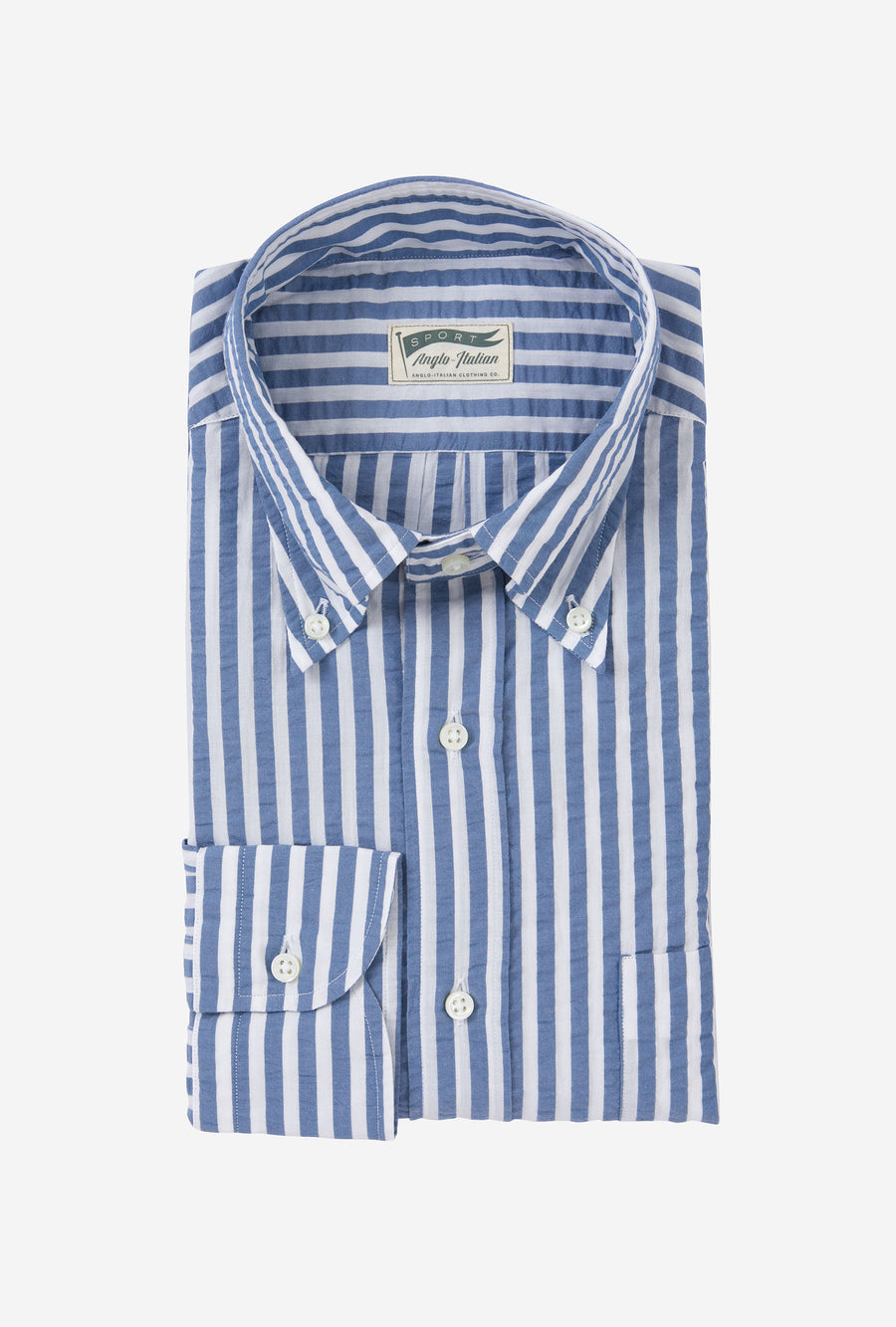 Button Down Sport Shirt Cotton Seersucker Blue Stripe