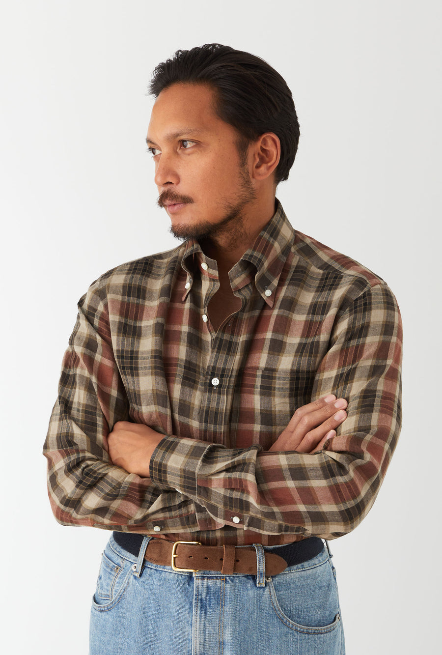 Button Down Linen Madras Shirt Rust Olive Sand Check