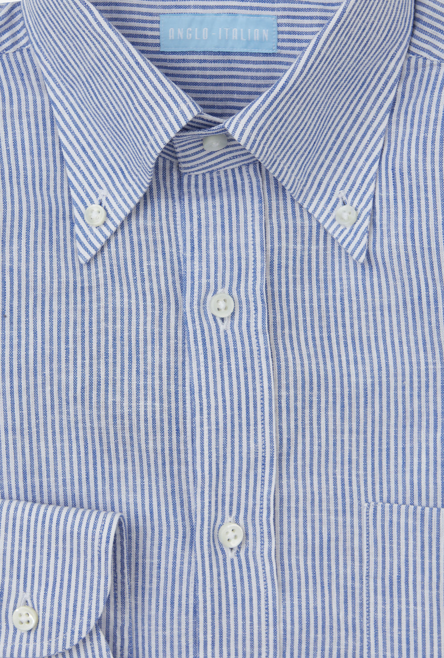 Button Down Sport Shirt Cotton-Linen Blue Bengal Stripe