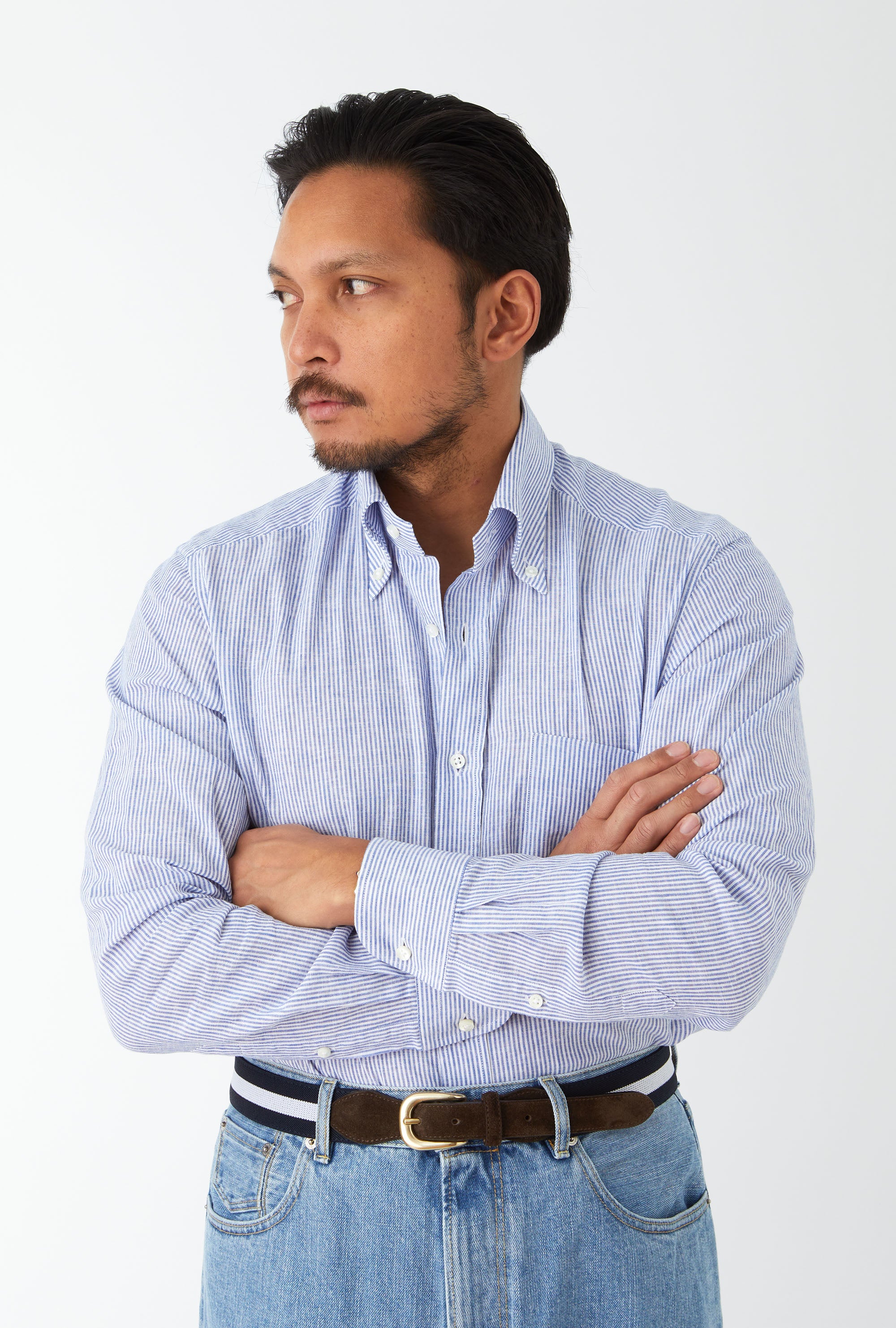 Button Down Sport Shirt Cotton-Linen Blue Bengal Stripe