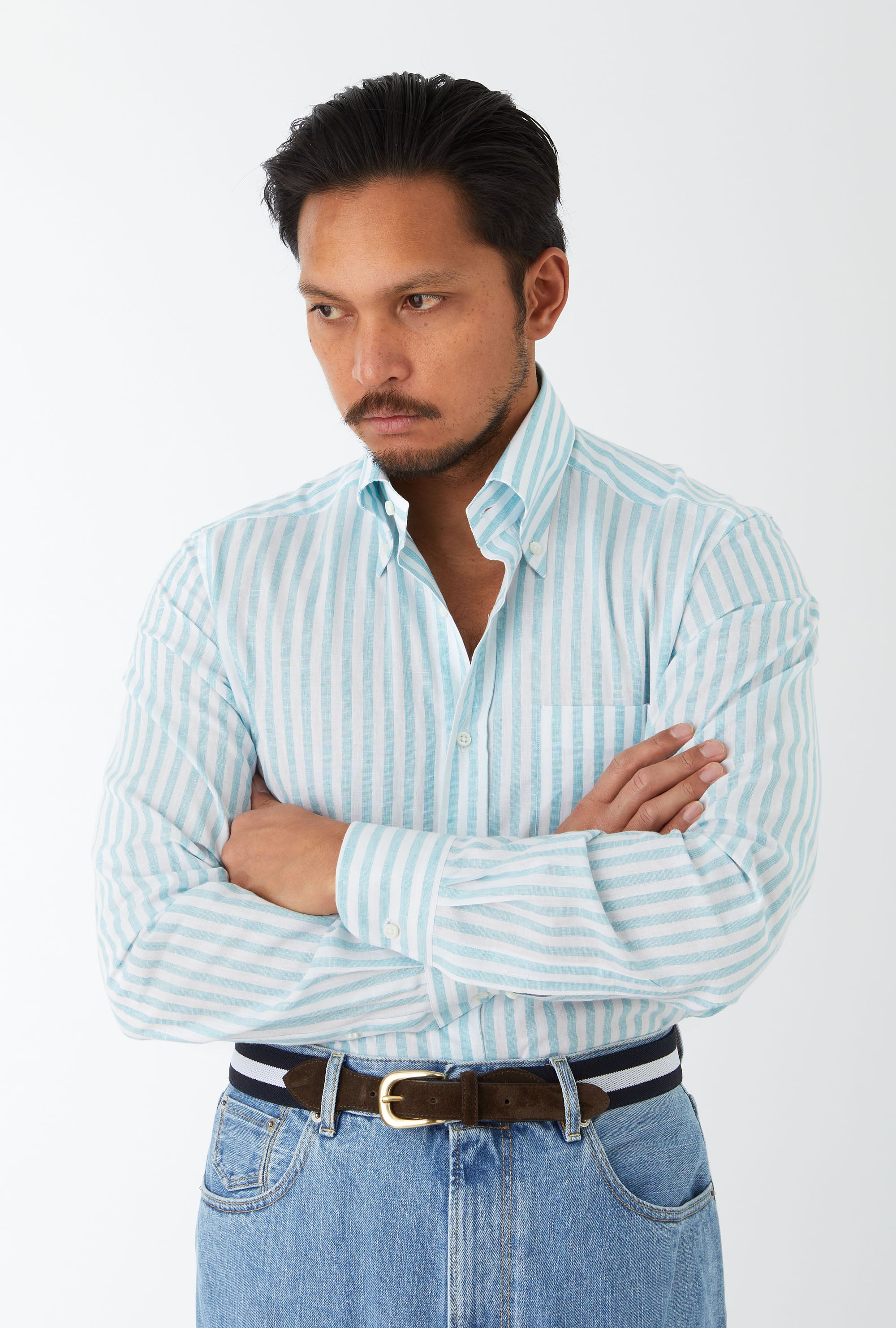 Button Down Sport Shirt Cotton-Linen Aqua Stripe