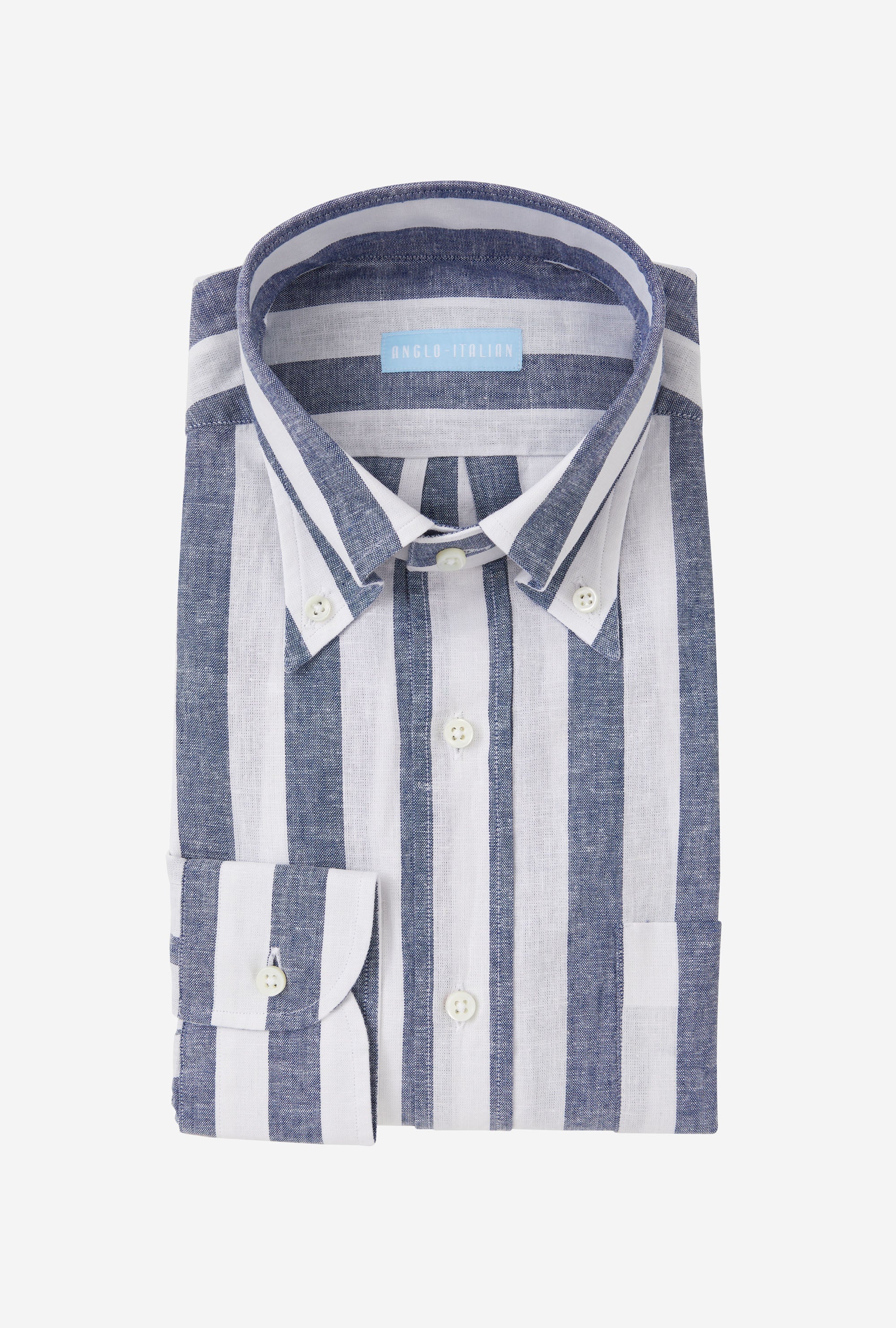 Button Down Sport Shirt Cotton-Linen Blue Wide Stripe