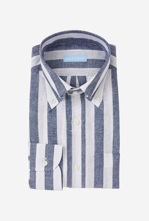Button Down Sport Shirt Cotton-Linen Blue Wide Stripe