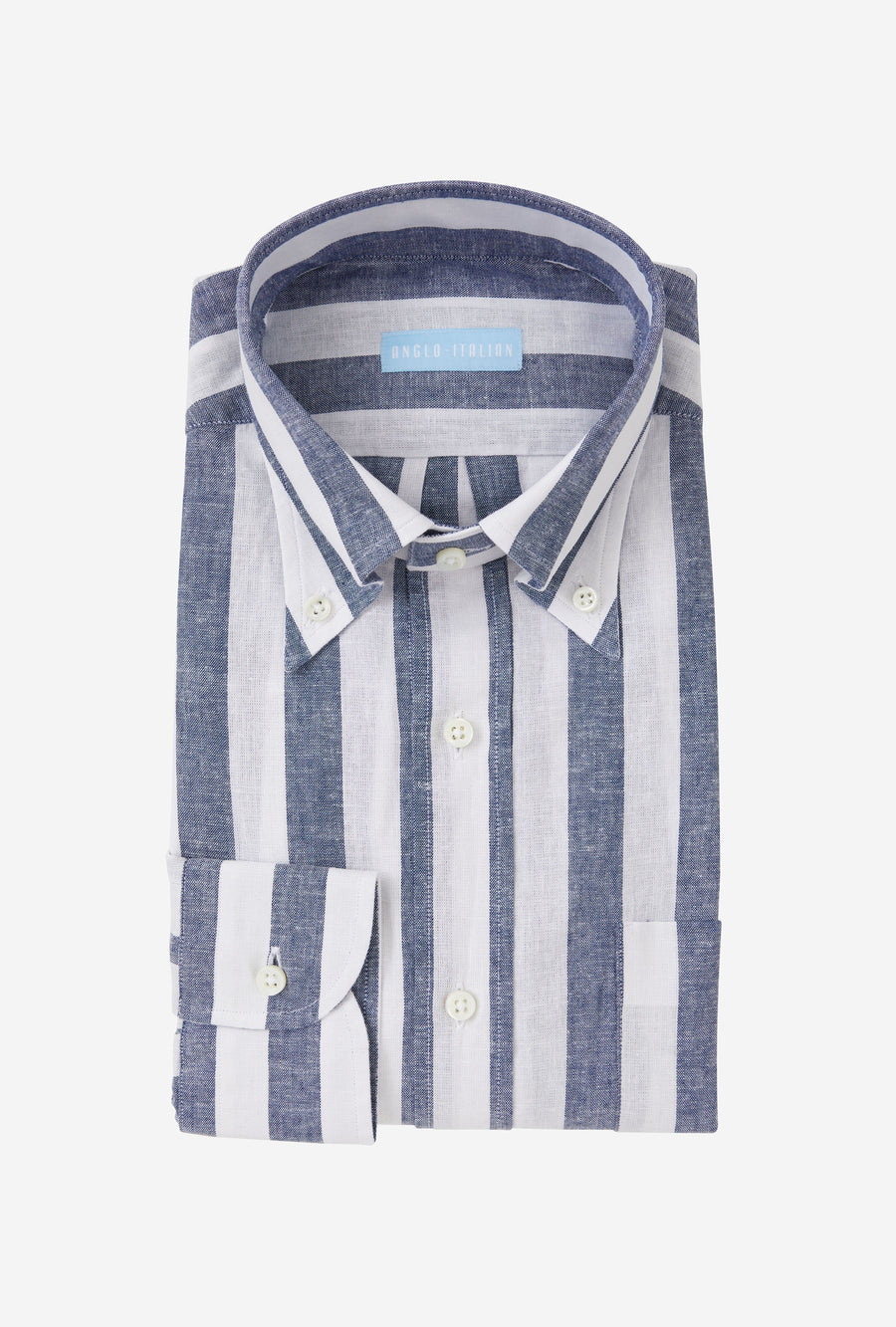 Button Down Sport Shirt Cotton-Linen Blue Wide Stripe