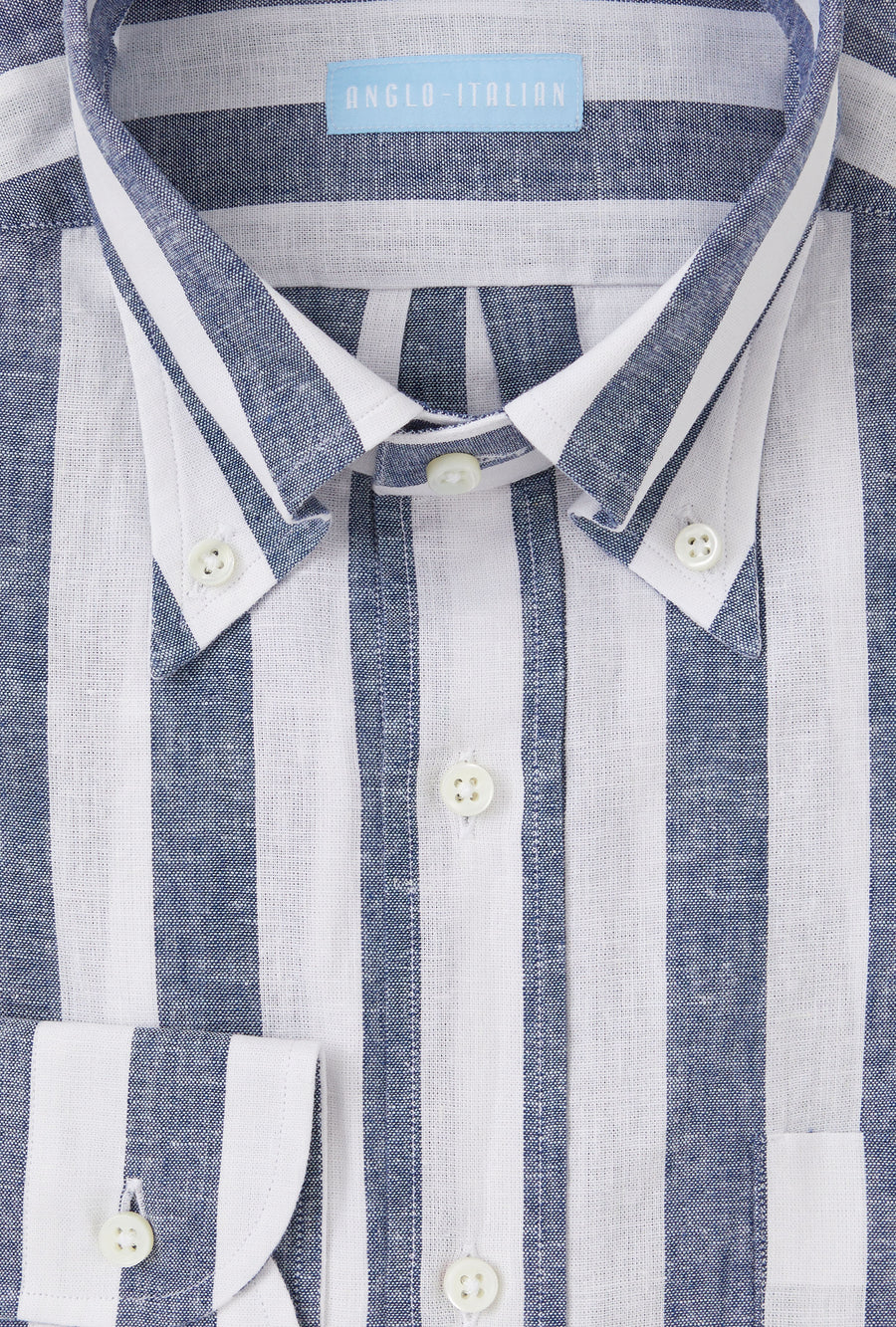 Button Down Sport Shirt Cotton-Linen Blue Wide Stripe