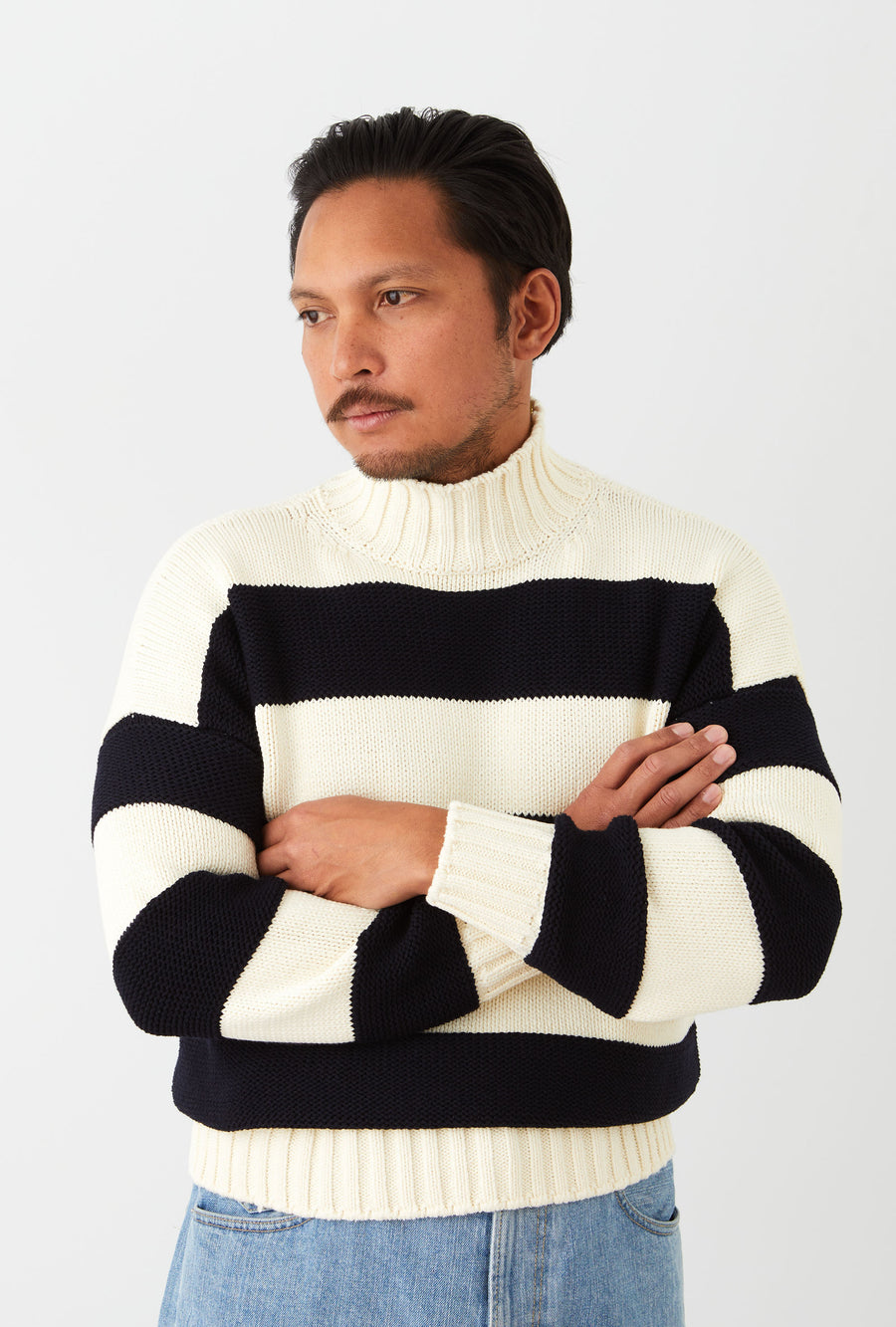 Mockneck Cotton Ecru Navy Stripe