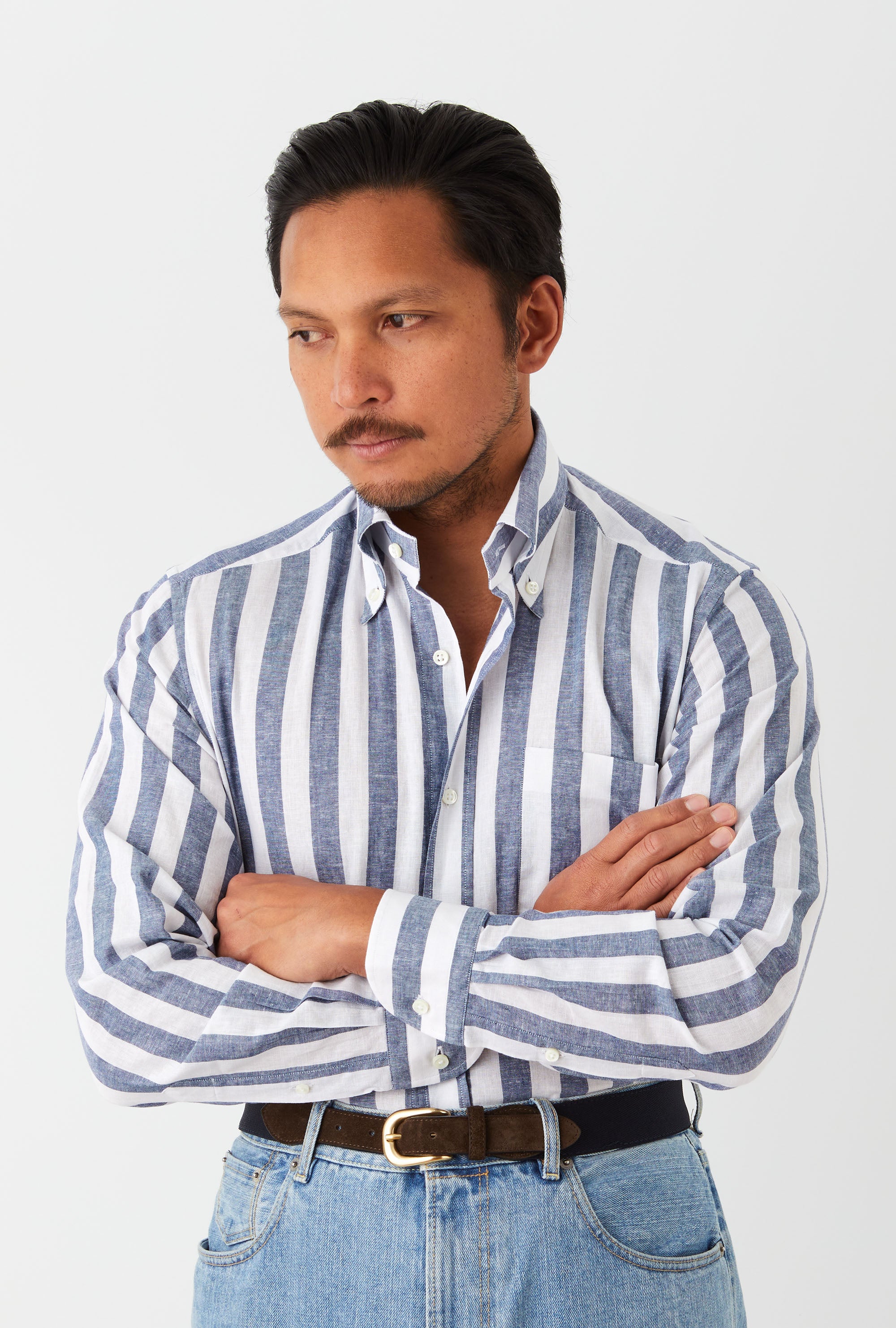 Button Down Sport Shirt Cotton-Linen Blue Wide Stripe
