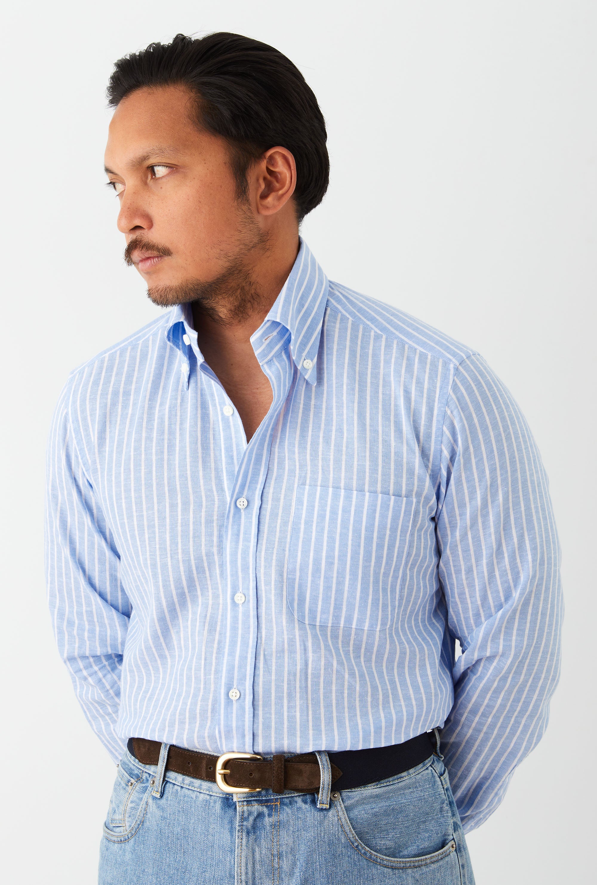 Button Down Sport Shirt Cotton-Linen Blue Reverse Stripe