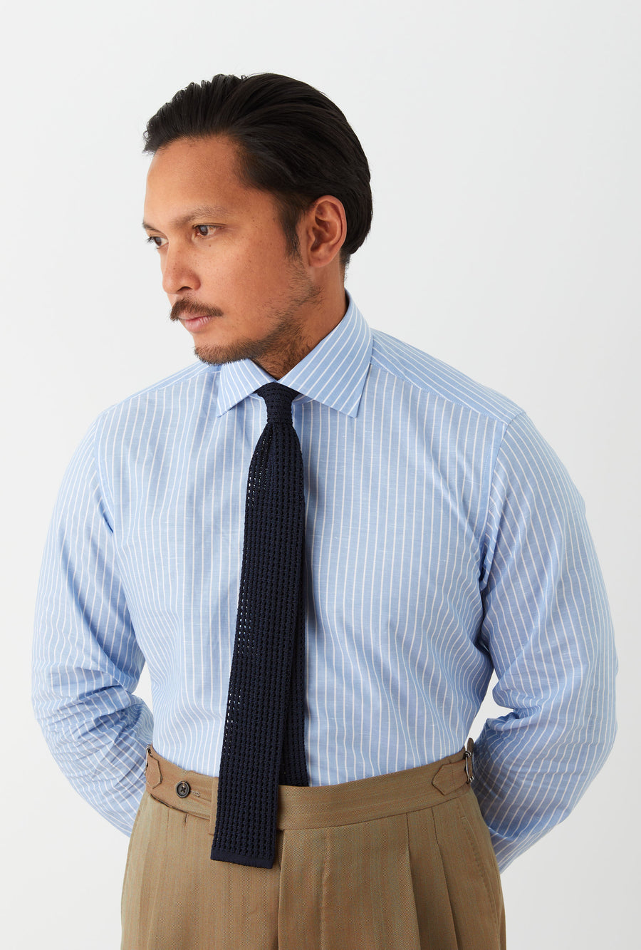 Spread Collar Shirt Zephyr Cotton-Linen Blue Reverse Stripe