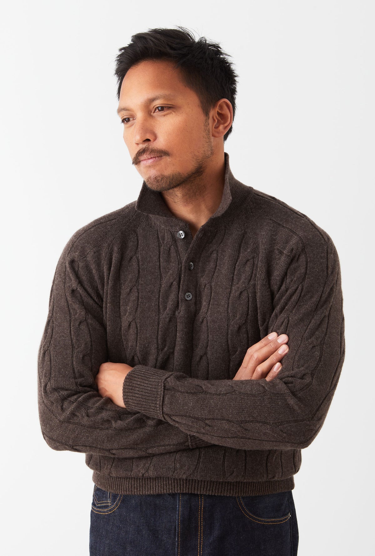 Raglan Polo Cableknit Wool-Cashmere Brown Melange