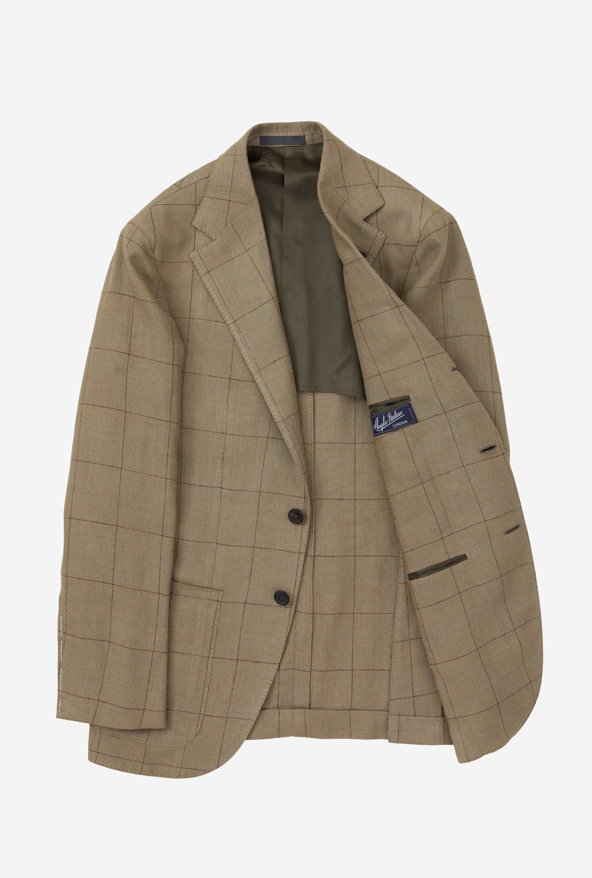 Sport Jacket Silk-Linen Sage Twill Brown Overcheck