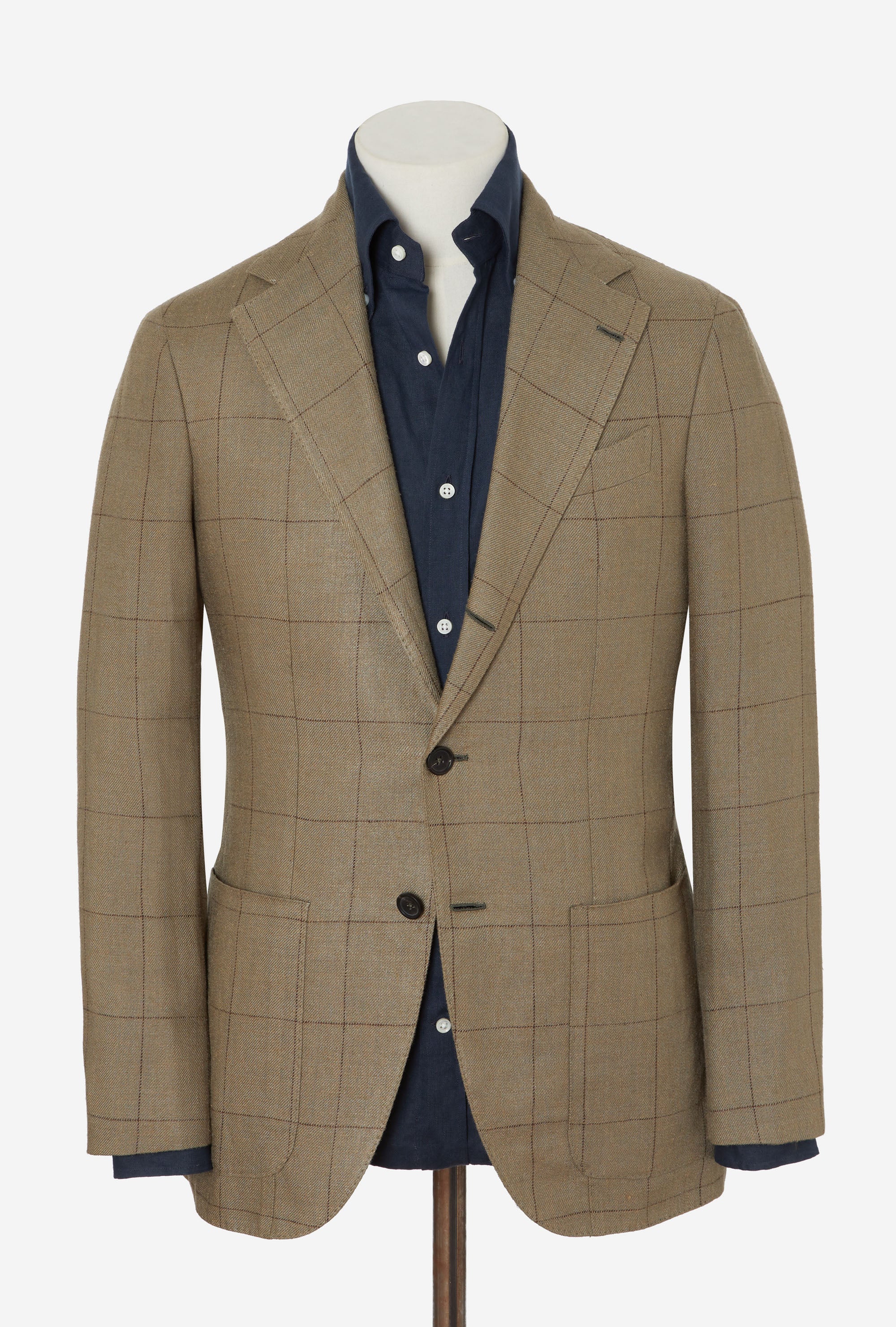 Sport Jacket Silk-Linen Sage Twill Brown Overcheck