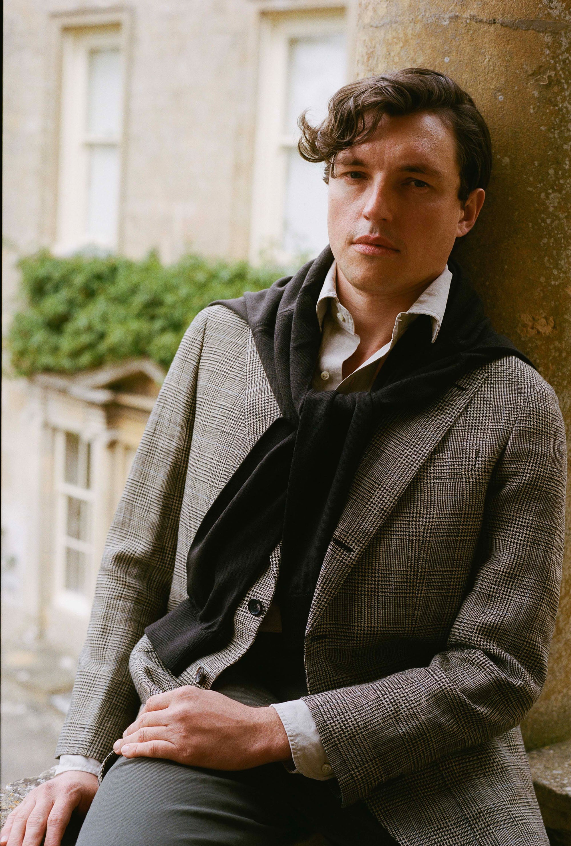 Sport Jacket Silk-Linen Stone Glen Plaid Sky Overcheck