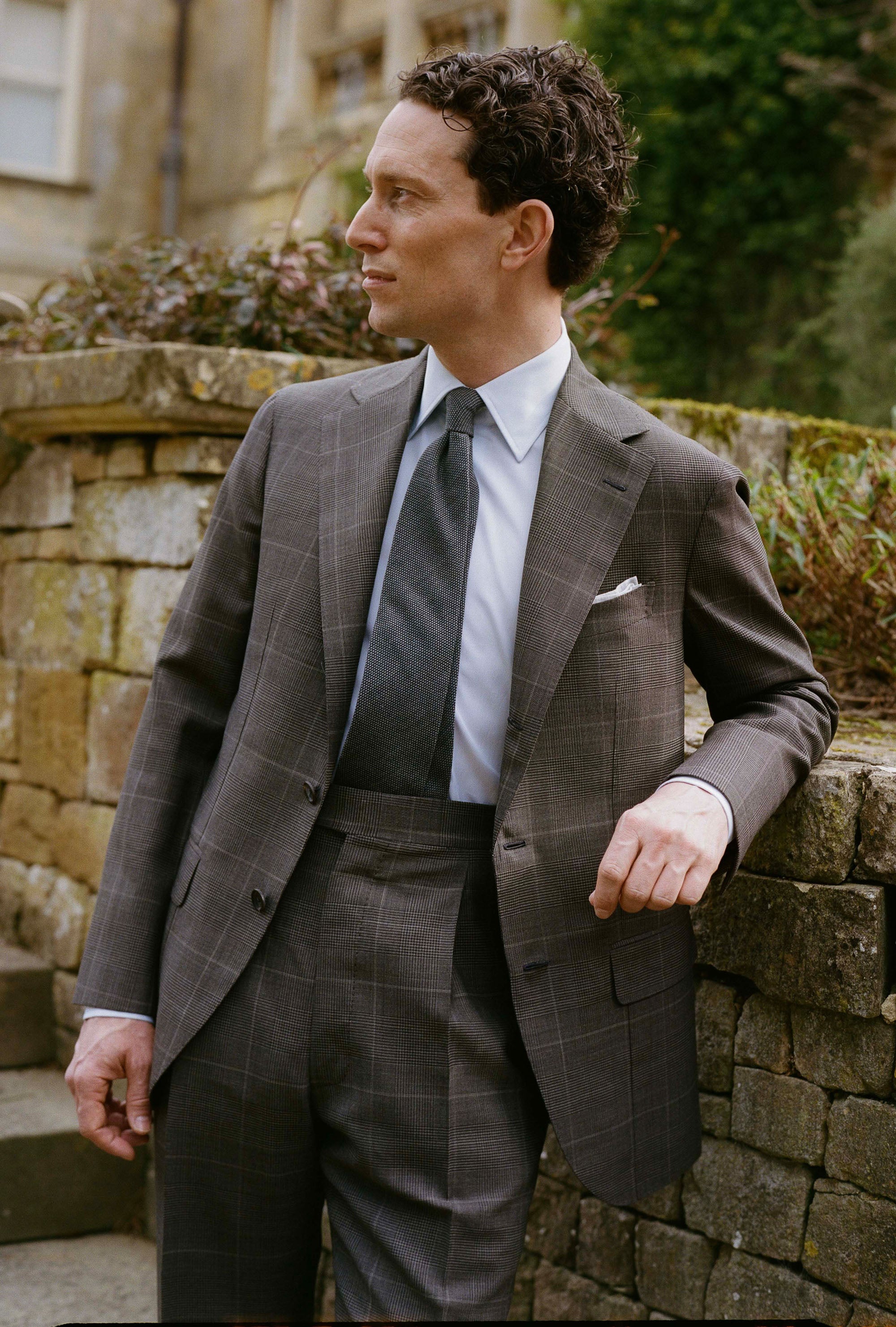 Suit Single Breasted Dark Taupe Glen Plaid Stone Overcheck