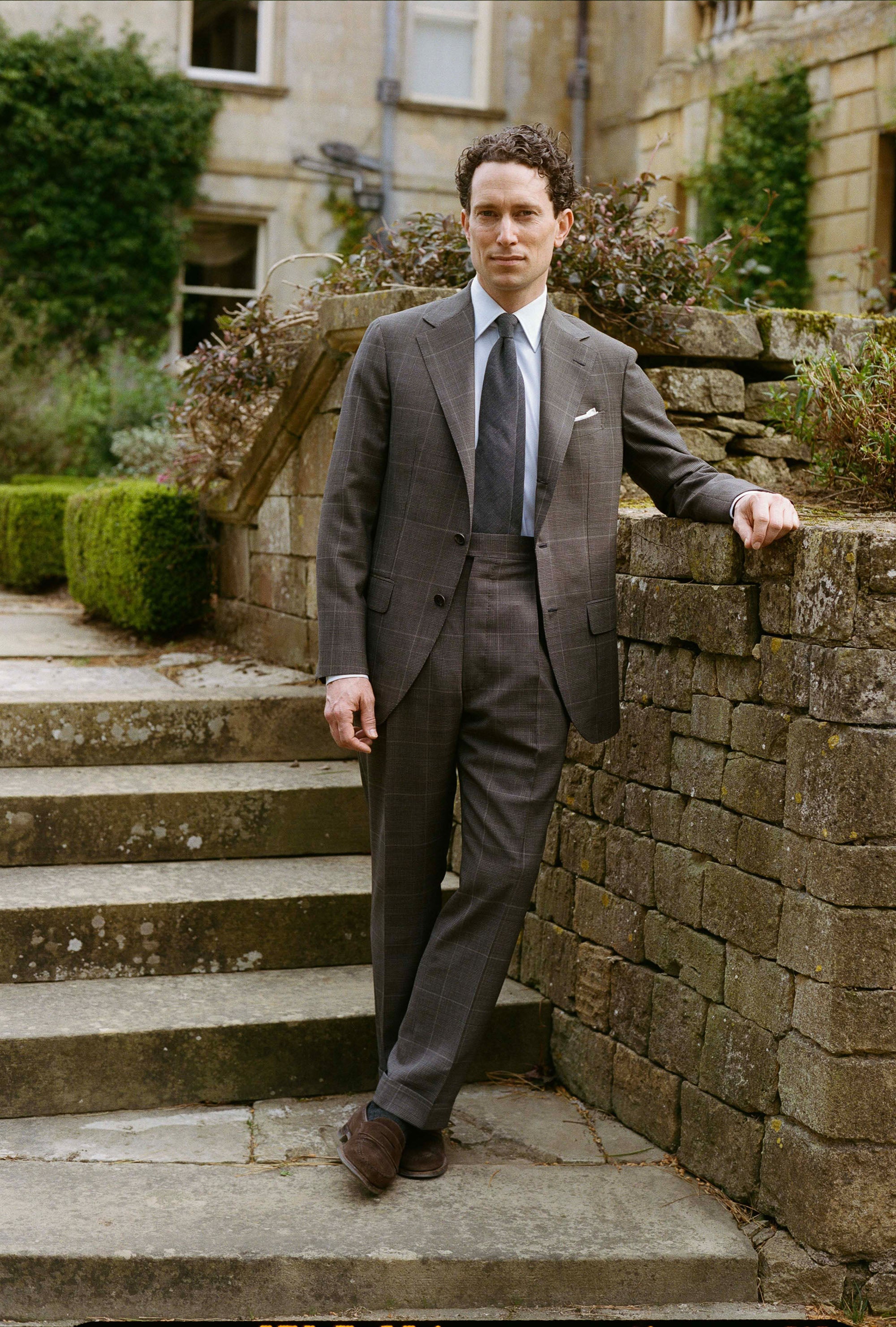 Suit Single Breasted Dark Taupe Glen Plaid Stone Overcheck