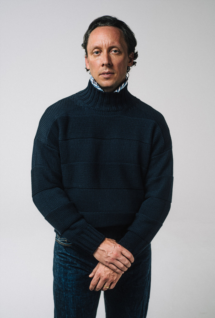 Mockneck Cotton Navy Stripe